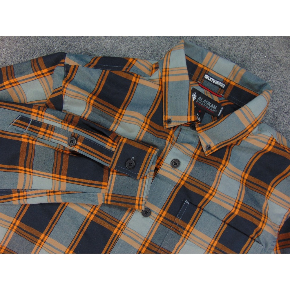 Duluth Alaskan Hardgear Shirt Mens Large Untucked‎ Plaid Button Down Orange Blue